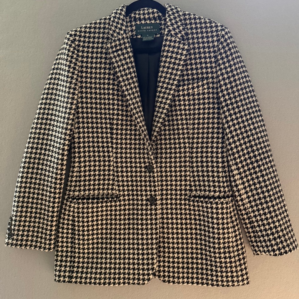 Vtg Lauren Ralph Lauren Houndstooth Wool Blazer Jacket Black Cream Women Size 8